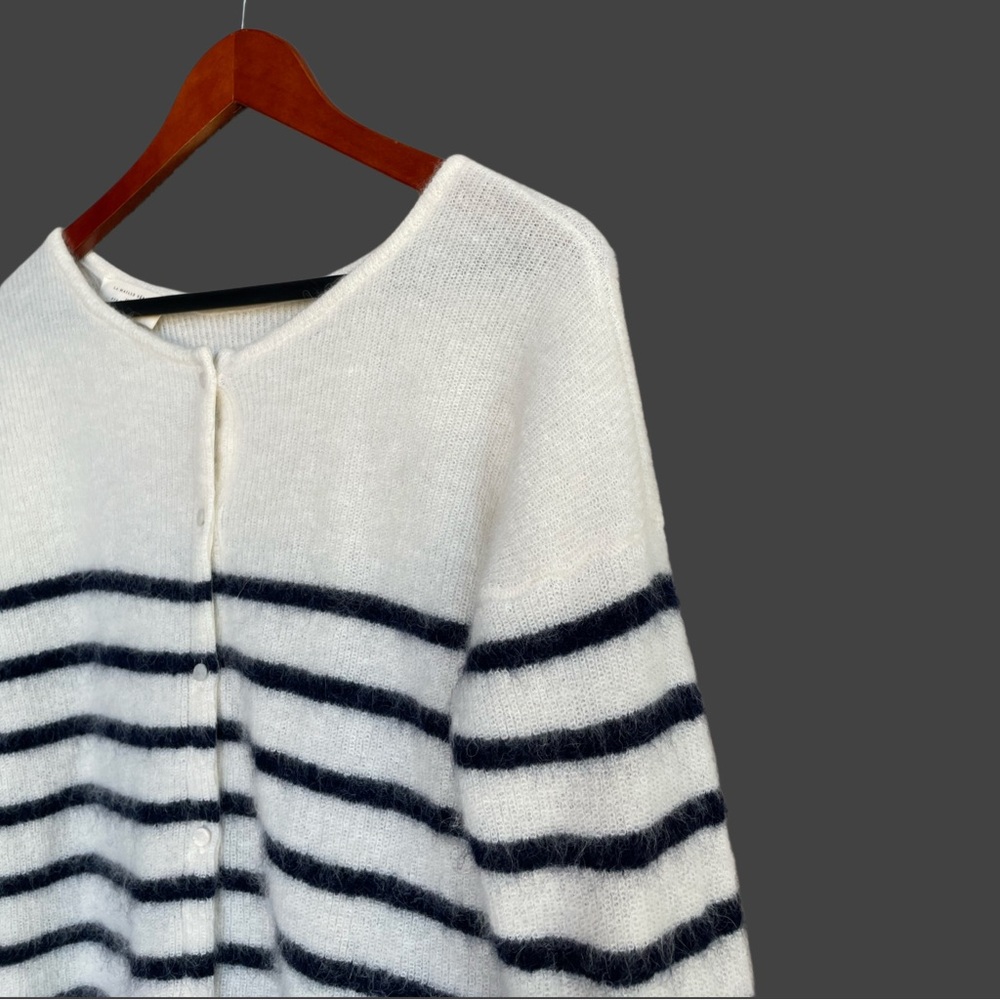 SEZANE Cream Navy Striped Mohair Alpaca Wool Reversible Gaspard Cardigan Sweater - Picture 7 of 17